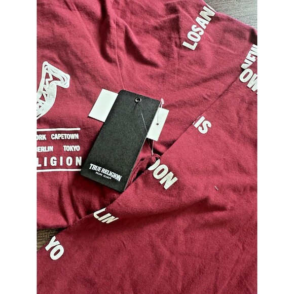 True Religion Men's Long Sleeve Logo Tour Graphic T-Shirt Burgundy Red XXL - Picture 6 of 7